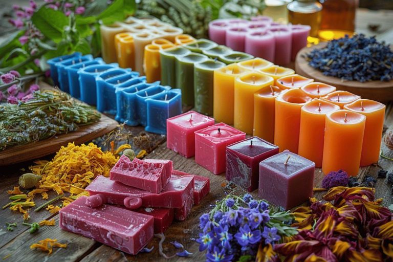 Variété de bougies colorées et naturelles sur fond de fleurs et herbes