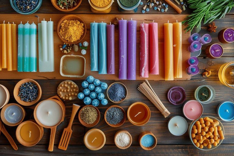 Variété d'éléments décoratifs et artisanaux disposés sur une table en bois.