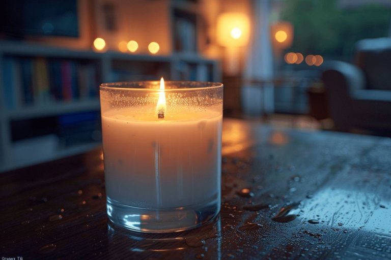 Une bougie allumée entourée de bougies et de reflets de lumière dans la nuit.