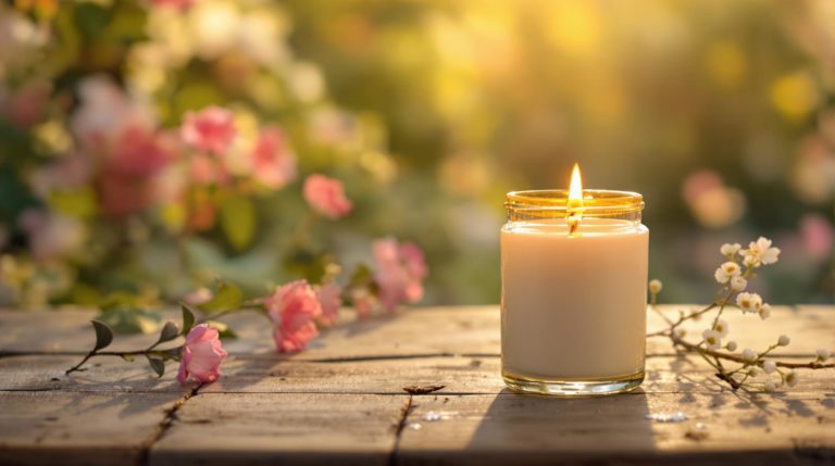 Candle burning on a wooden surface with flowers in the background