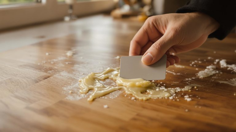 Hand scraping spilled custard with card.