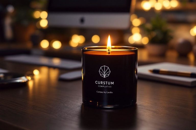 Bougie noire Curstum allumée sur un bureau sombre avec lumières