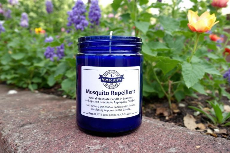 Bougie bleue anti-moustiques posée sur pierre avec fleurs